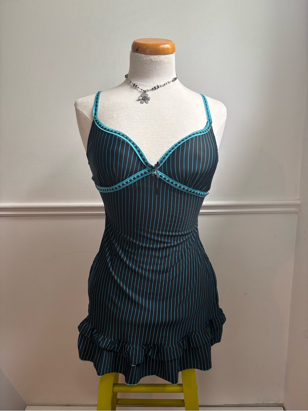 Black Pinstripe Camisole Slip with Teal Trim and Ruffle Hem